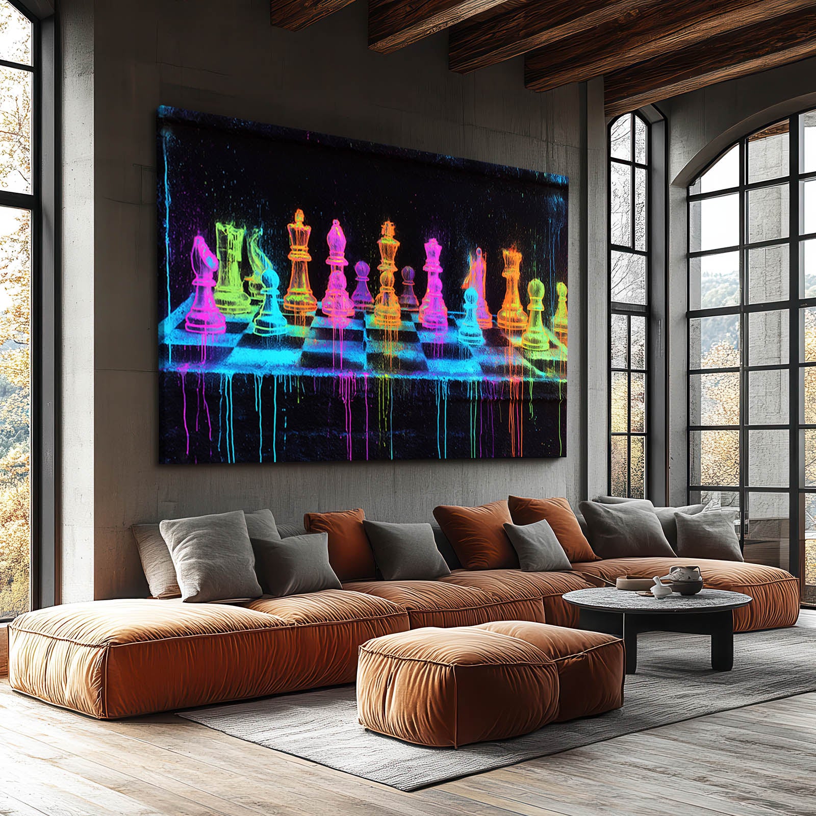 Blacklight Neon Board Chess Canvas Art – styled in a furnished interior