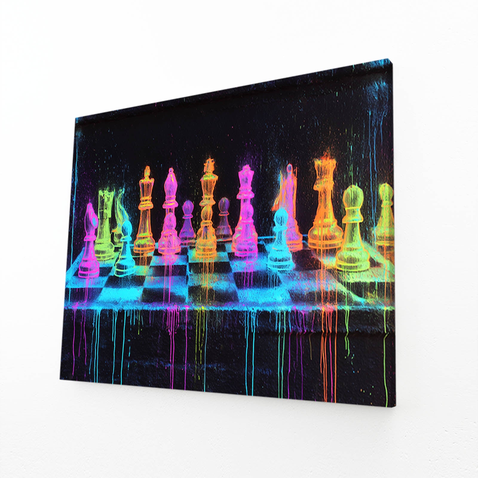 Blacklight Neon Board Chess Canvas Art – angled canvas view on white background