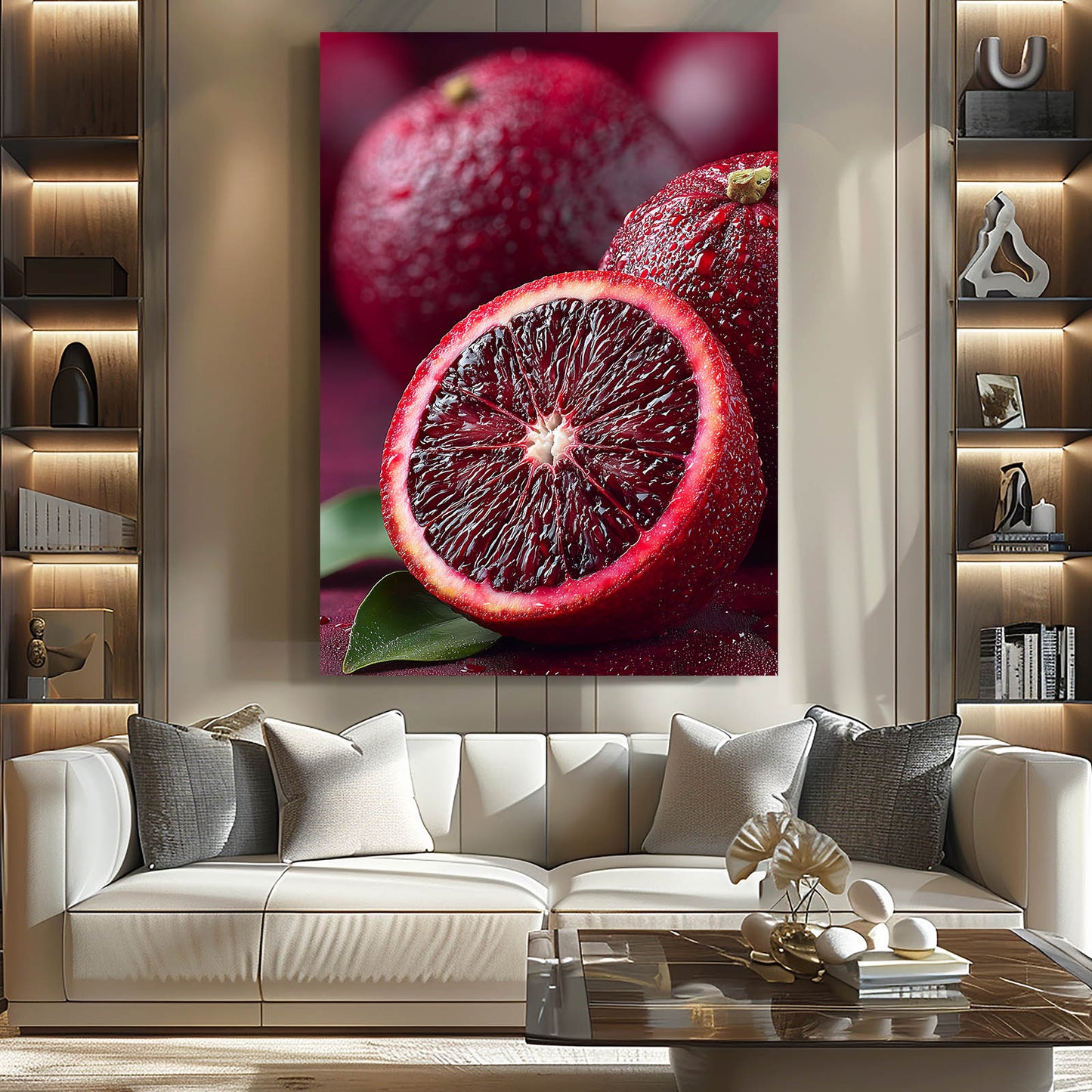 Blood Orange Macro Fruit Prints – styled in a furnished interior