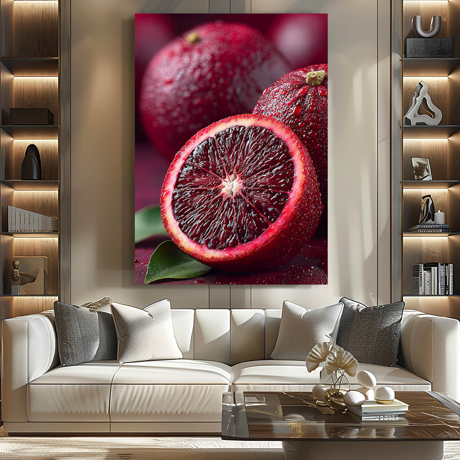 Blood Orange Macro Fruit Prints – styled in a furnished interior
