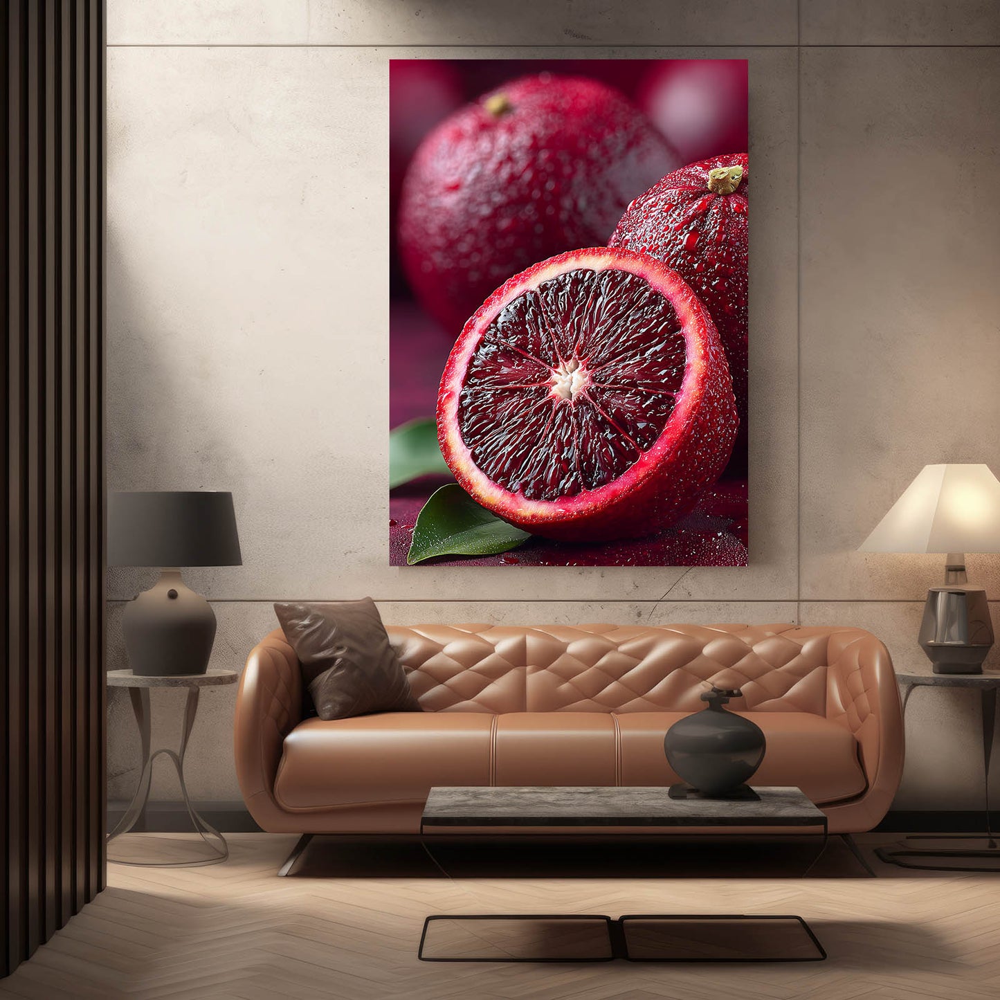 Blood Orange Macro Fruit Prints – styled in a furnished interior