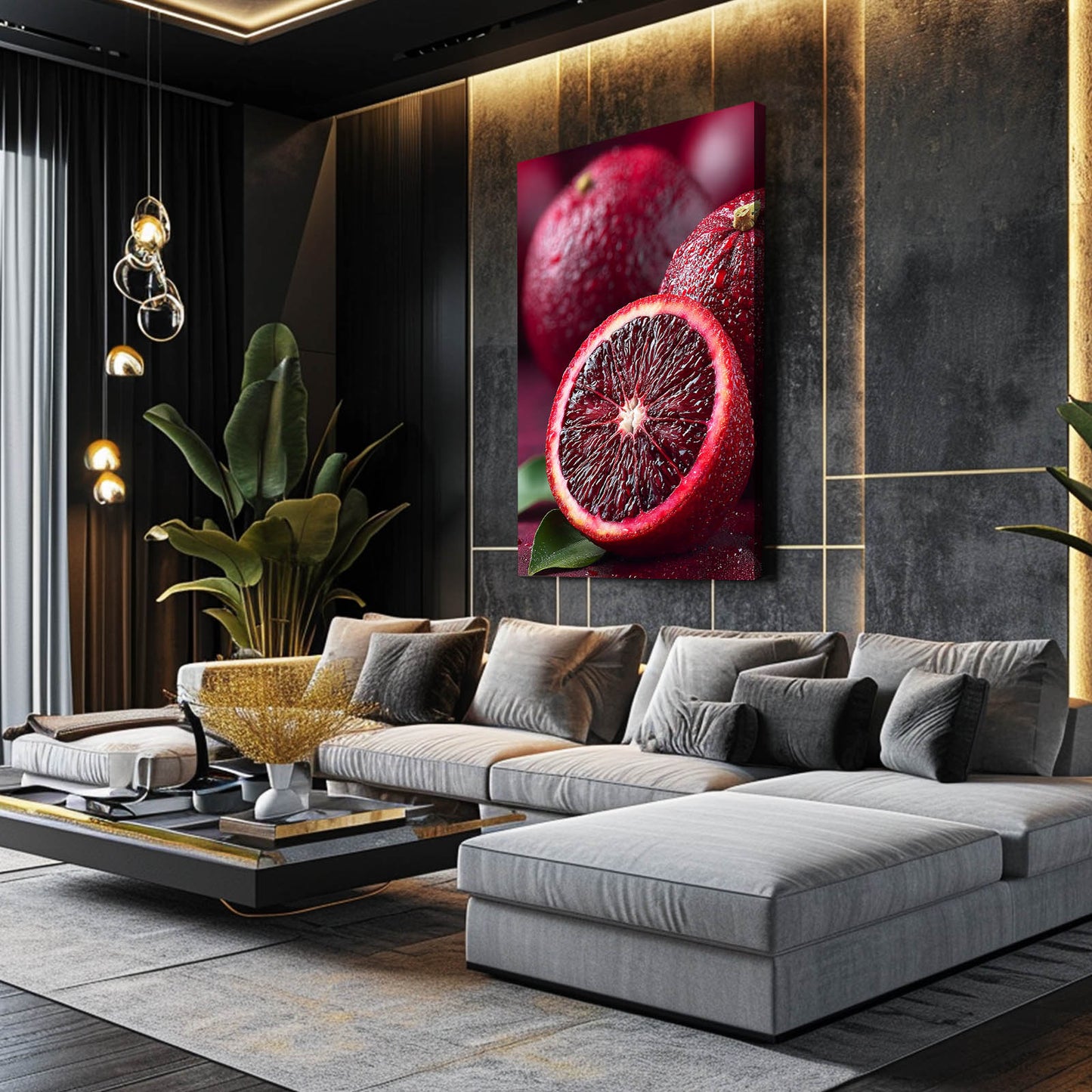Blood Orange Macro Fruit Prints – styled in a furnished interior