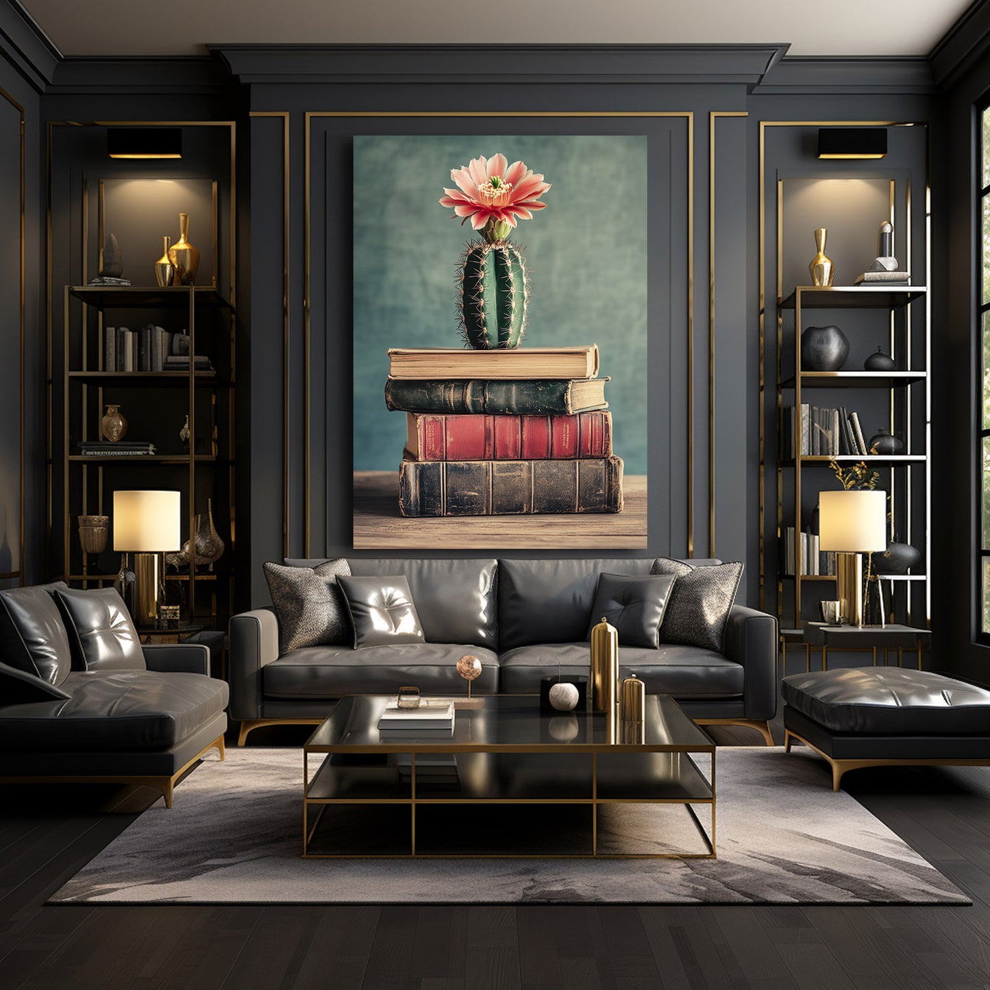 Bloom On Books Cactus Canvas Art – styled in a furnished interior