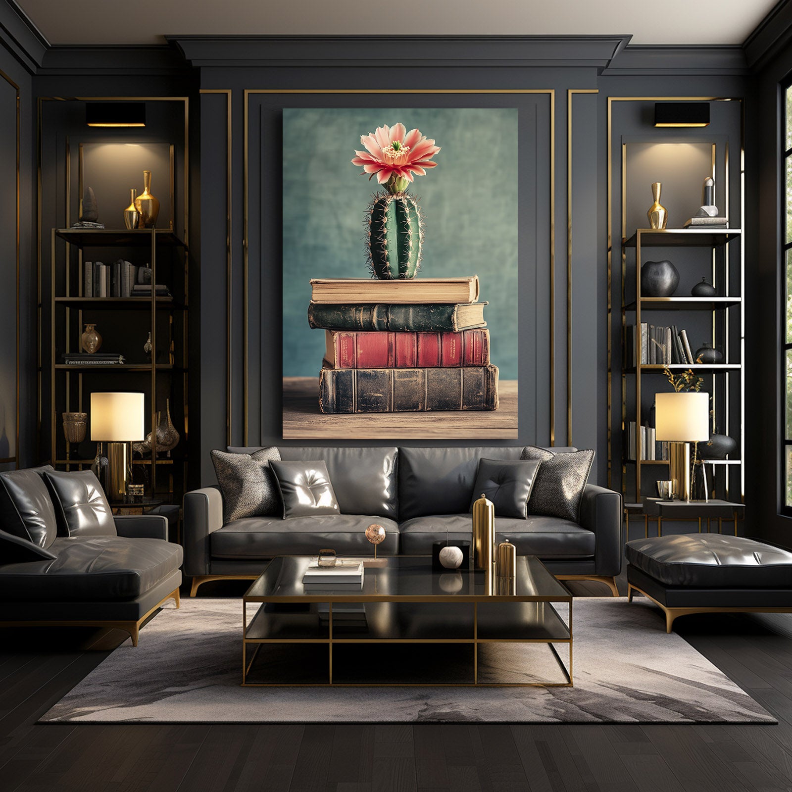 Bloom On Books Cactus Canvas Art – styled in a furnished interior