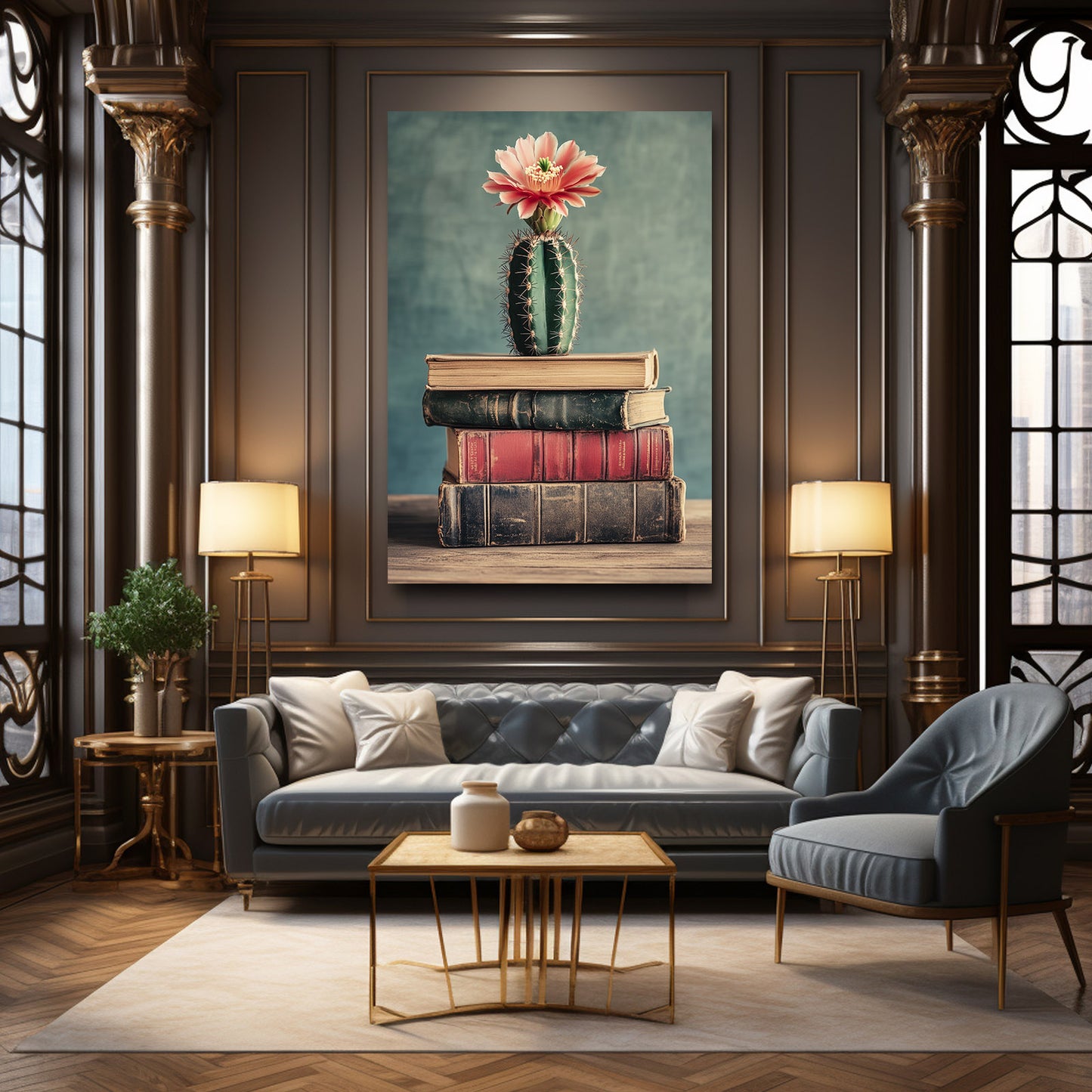 Bloom On Books Cactus Canvas Art – styled in a furnished interior