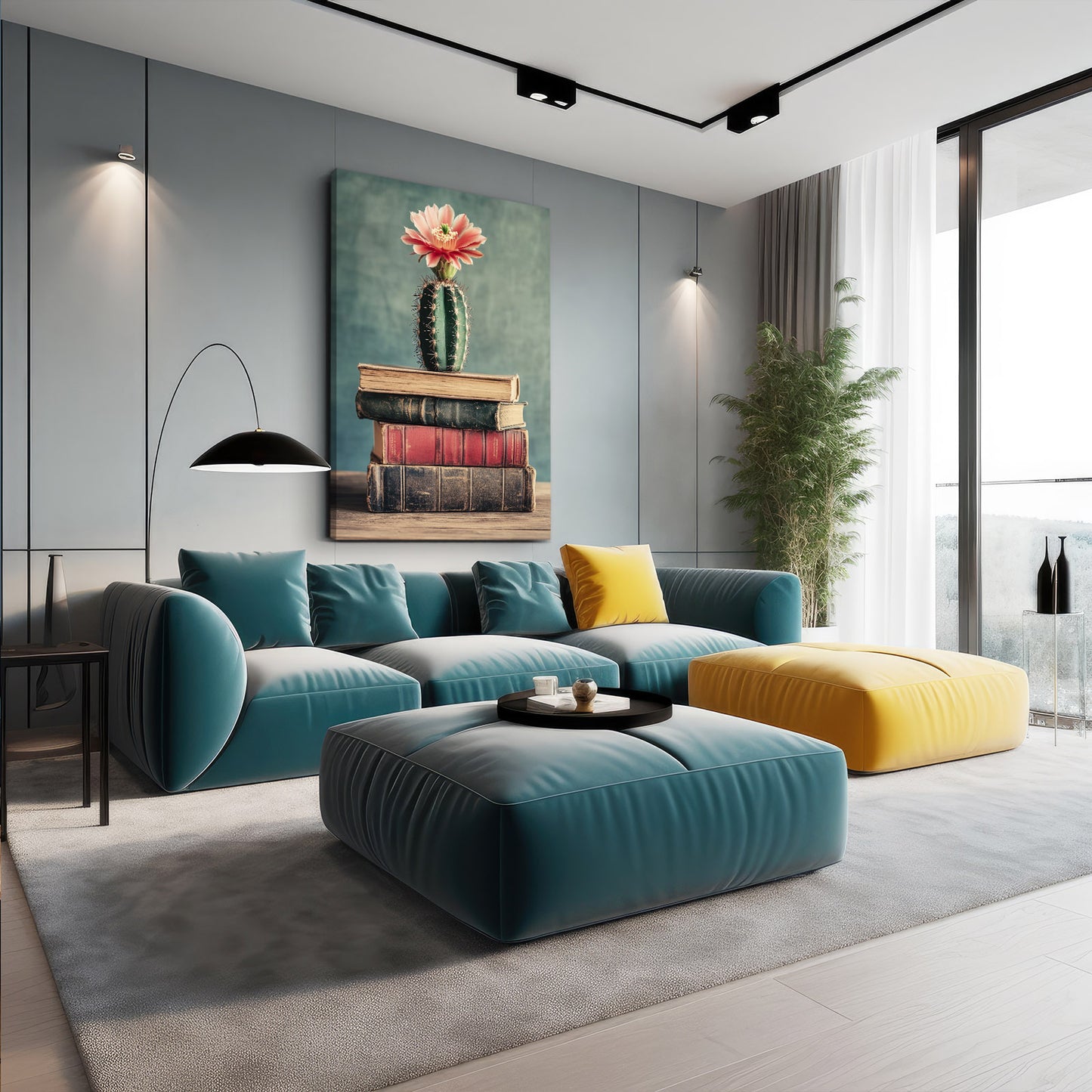 Bloom On Books Cactus Canvas Art – styled in a furnished interior