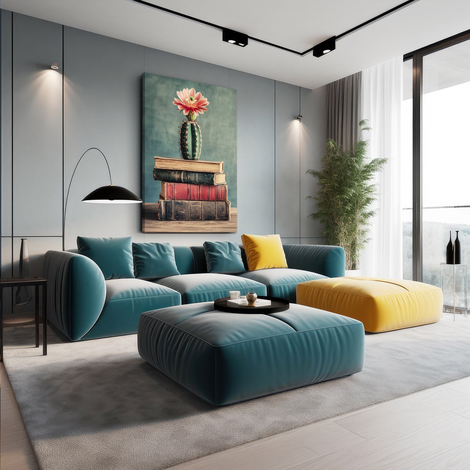 Bloom On Books Cactus Canvas Art – styled in a furnished interior