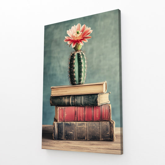 Bloom On Books Cactus Canvas Art – angled canvas view on white background