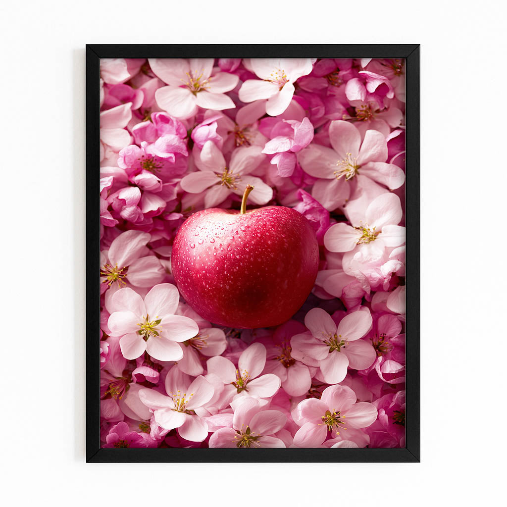 Blossom Bed Red Apple Wall Decor – with Premium Black frame on white background