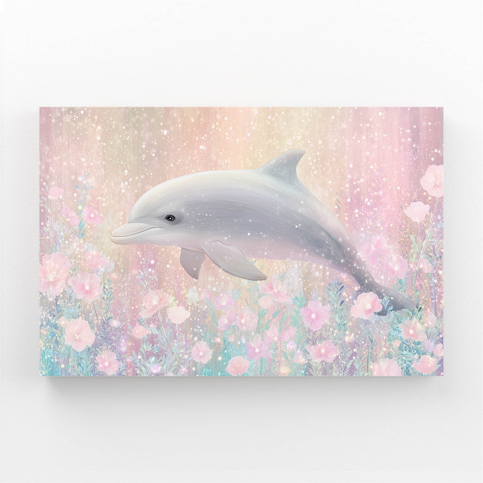Blossom Bokeh Dolphin Wall Art – white dolphin swimming through a glowing field of pink blossom bokeh