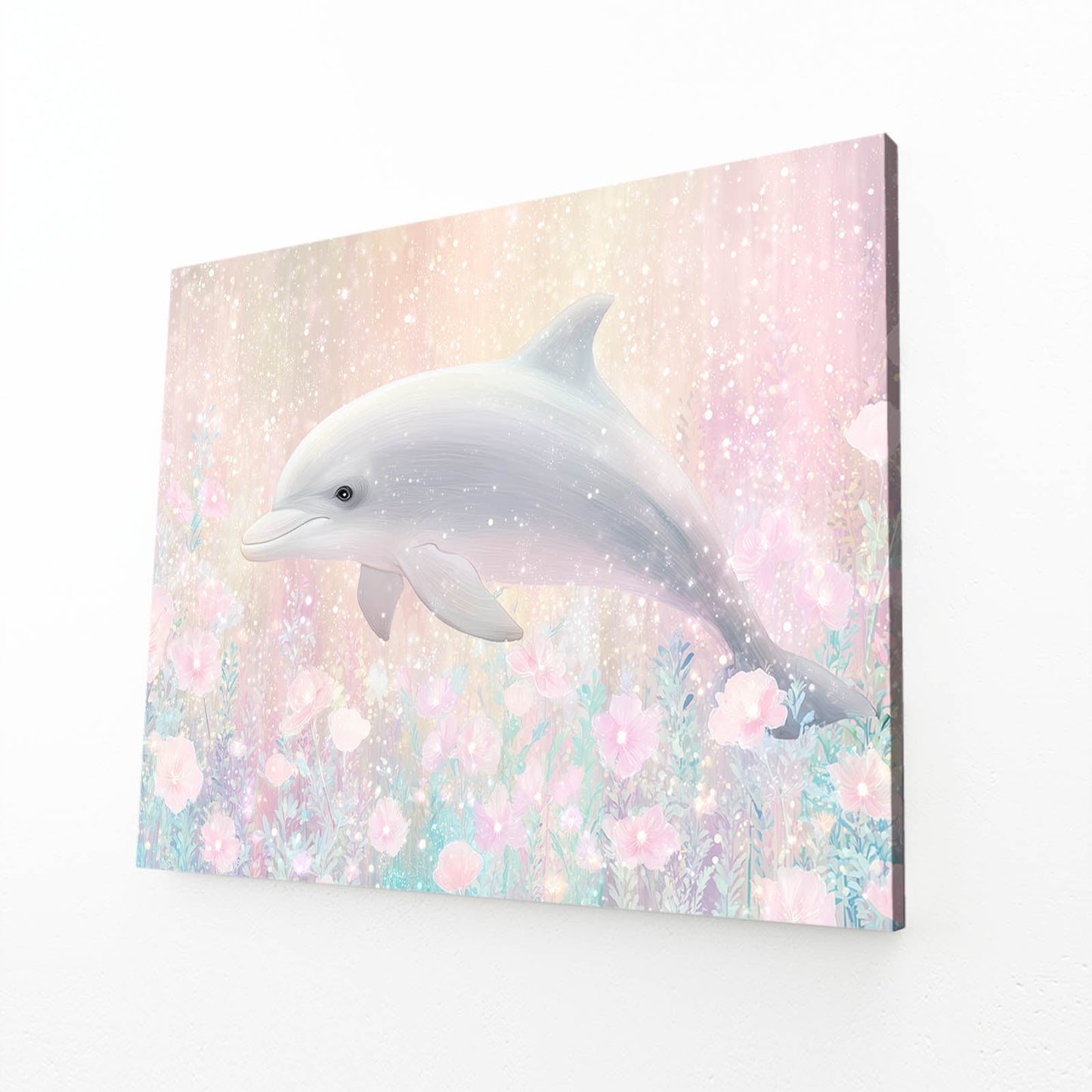 Blossom Bokeh Dolphin Wall Art – angled canvas view on white background