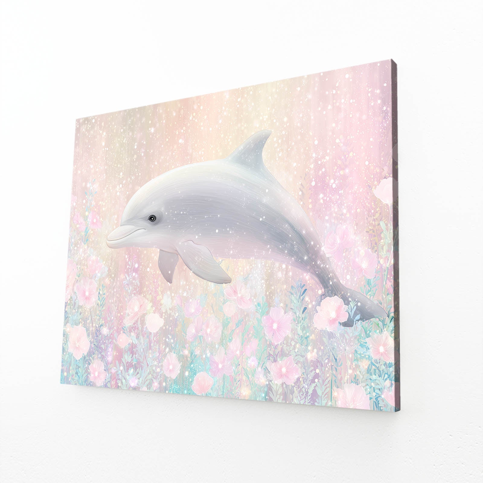 Blossom Bokeh Dolphin Wall Art – angled canvas view on white background