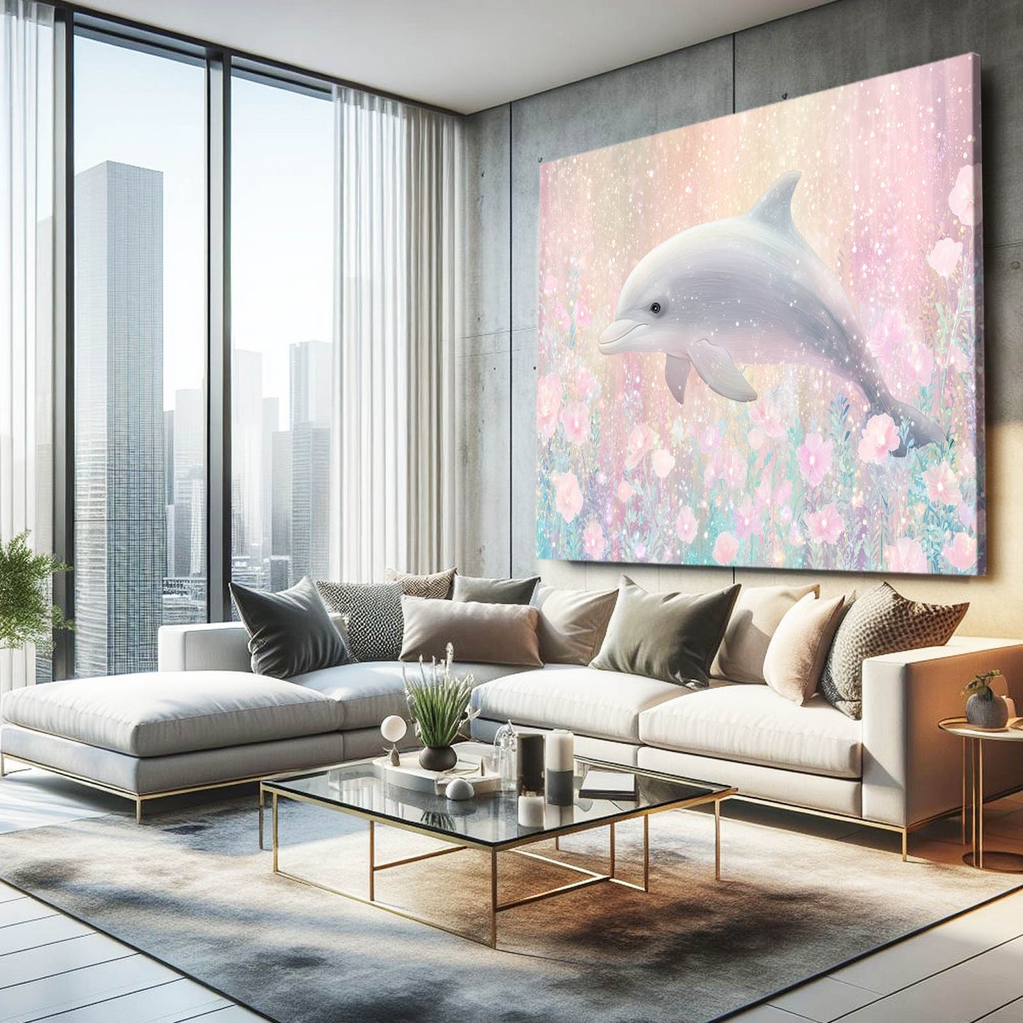 Blossom Bokeh Dolphin Wall Art – styled in a furnished interior