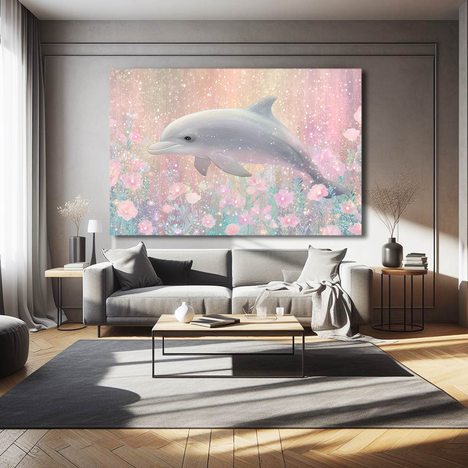 Blossom Bokeh Dolphin Wall Art – styled in a furnished interior
