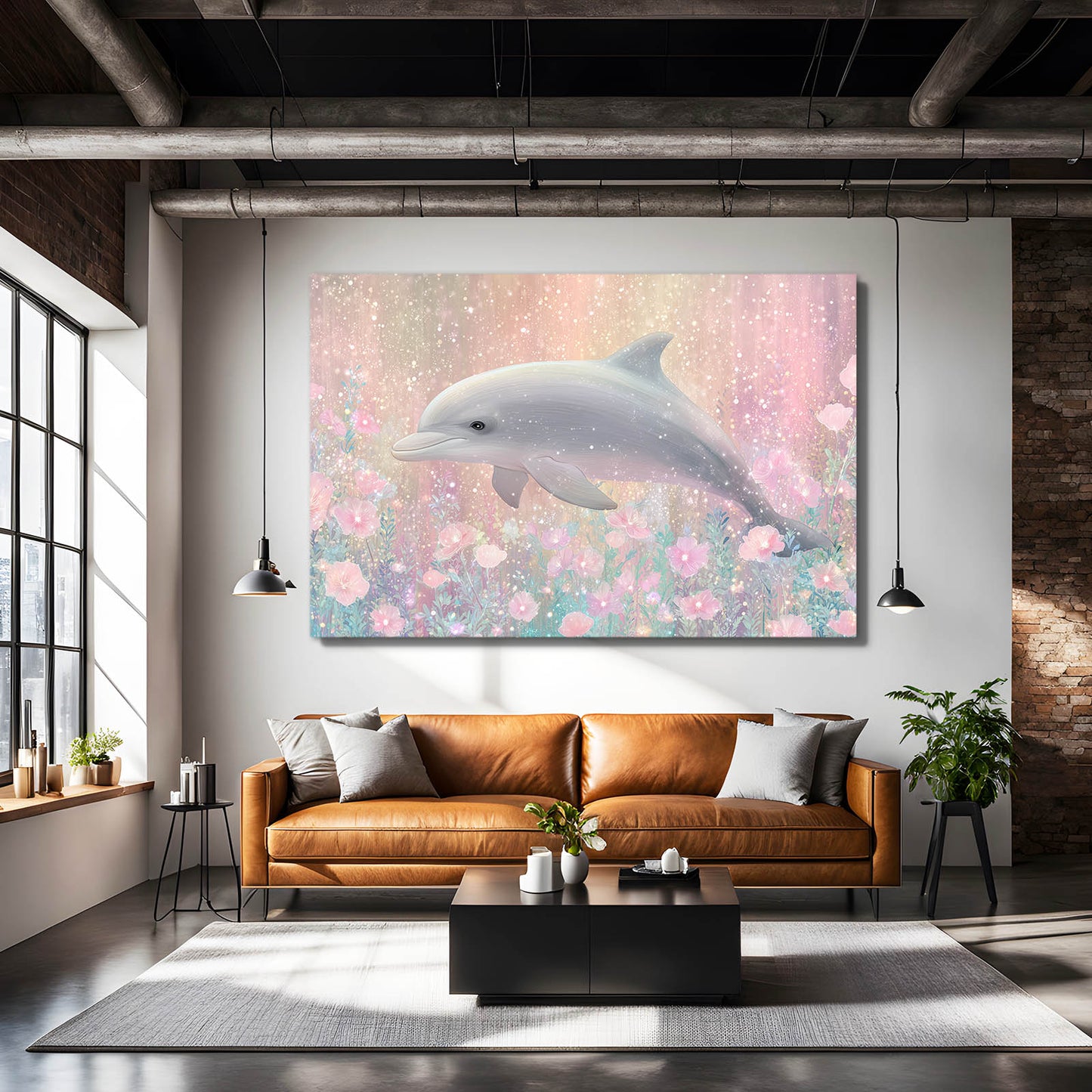Blossom Bokeh Dolphin Wall Art – styled in a furnished interior