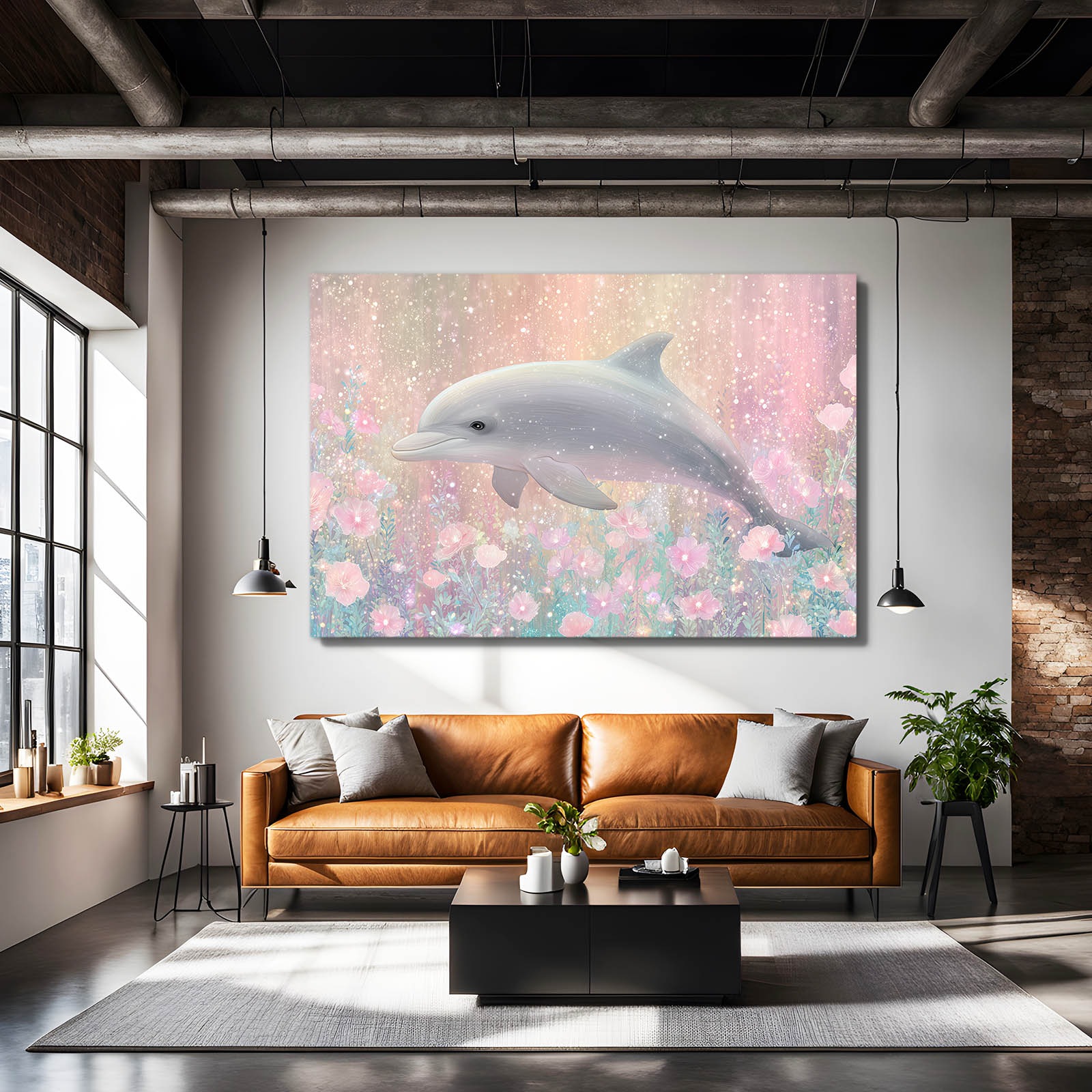 Blossom Bokeh Dolphin Wall Art – styled in a furnished interior