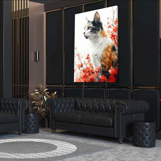Blossom Muse Cat Wall Art — watercolor canvas print in orange tones, view 3