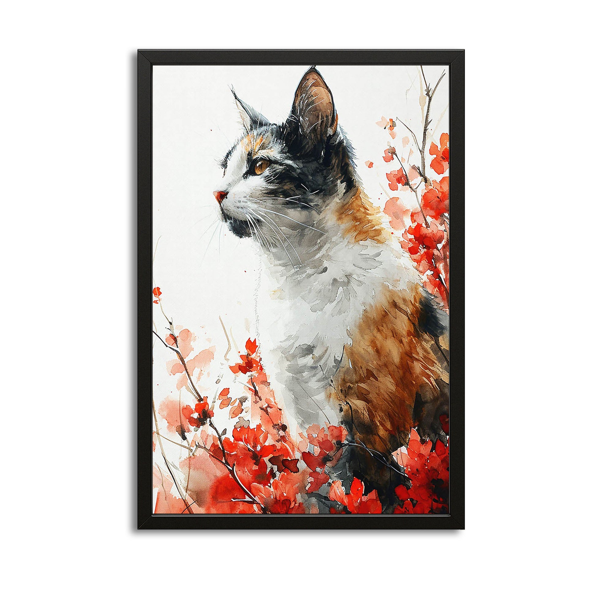 Blossom Muse Cat Wall Art — watercolor canvas print in orange tones, with Premium Black frame on white background