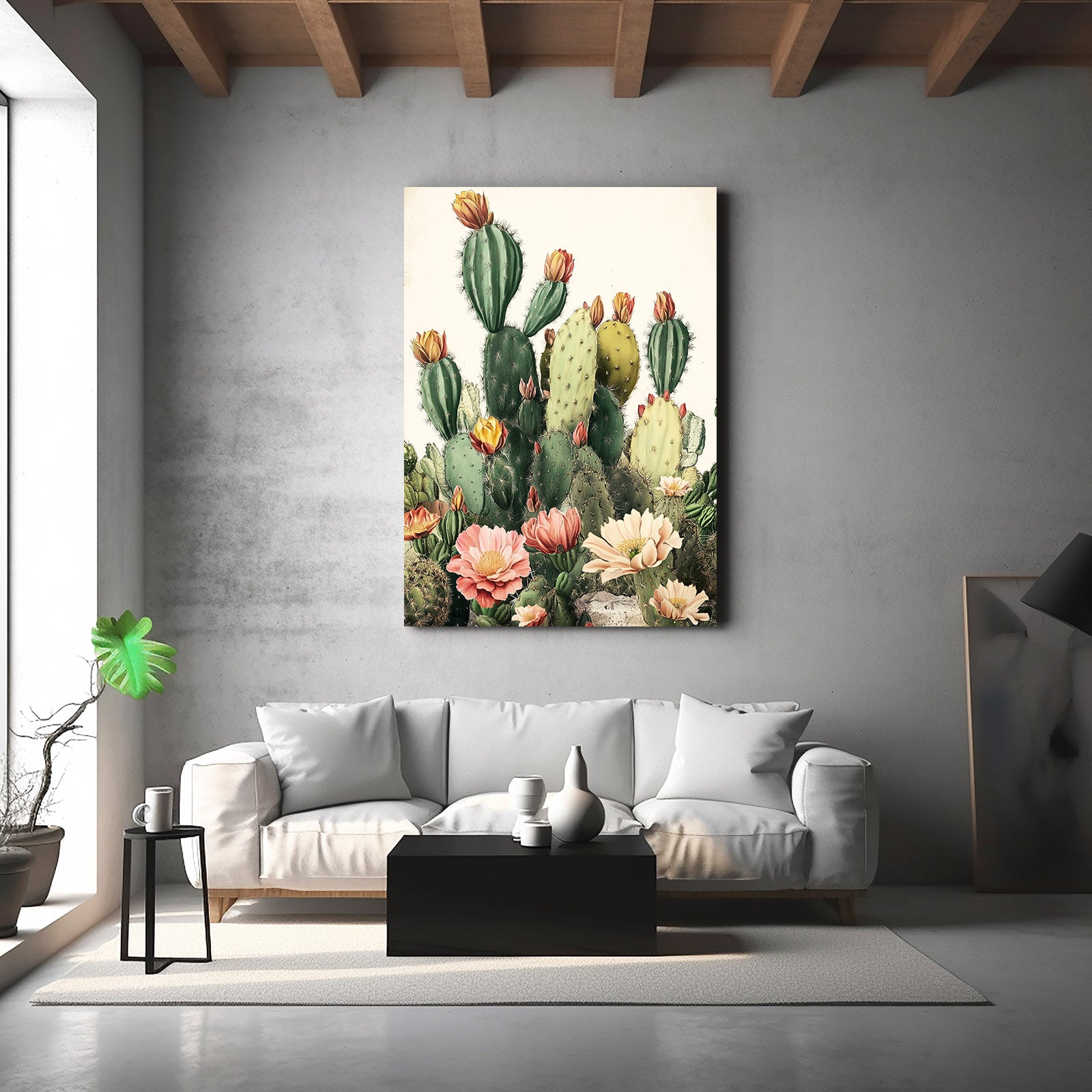 Blossom Prickly Pear Cactus Canvas – styled in a furnished interior