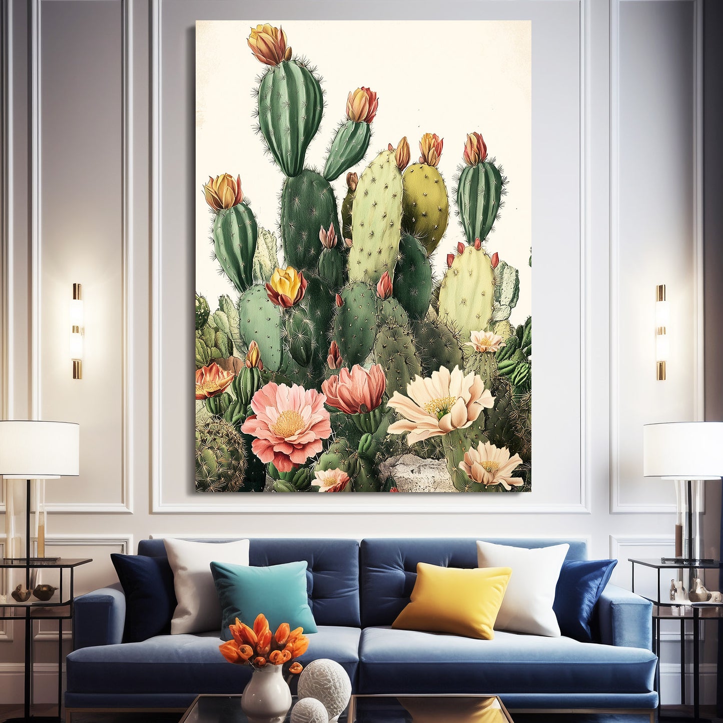 Blossom Prickly Pear Cactus Canvas – styled in a furnished interior
