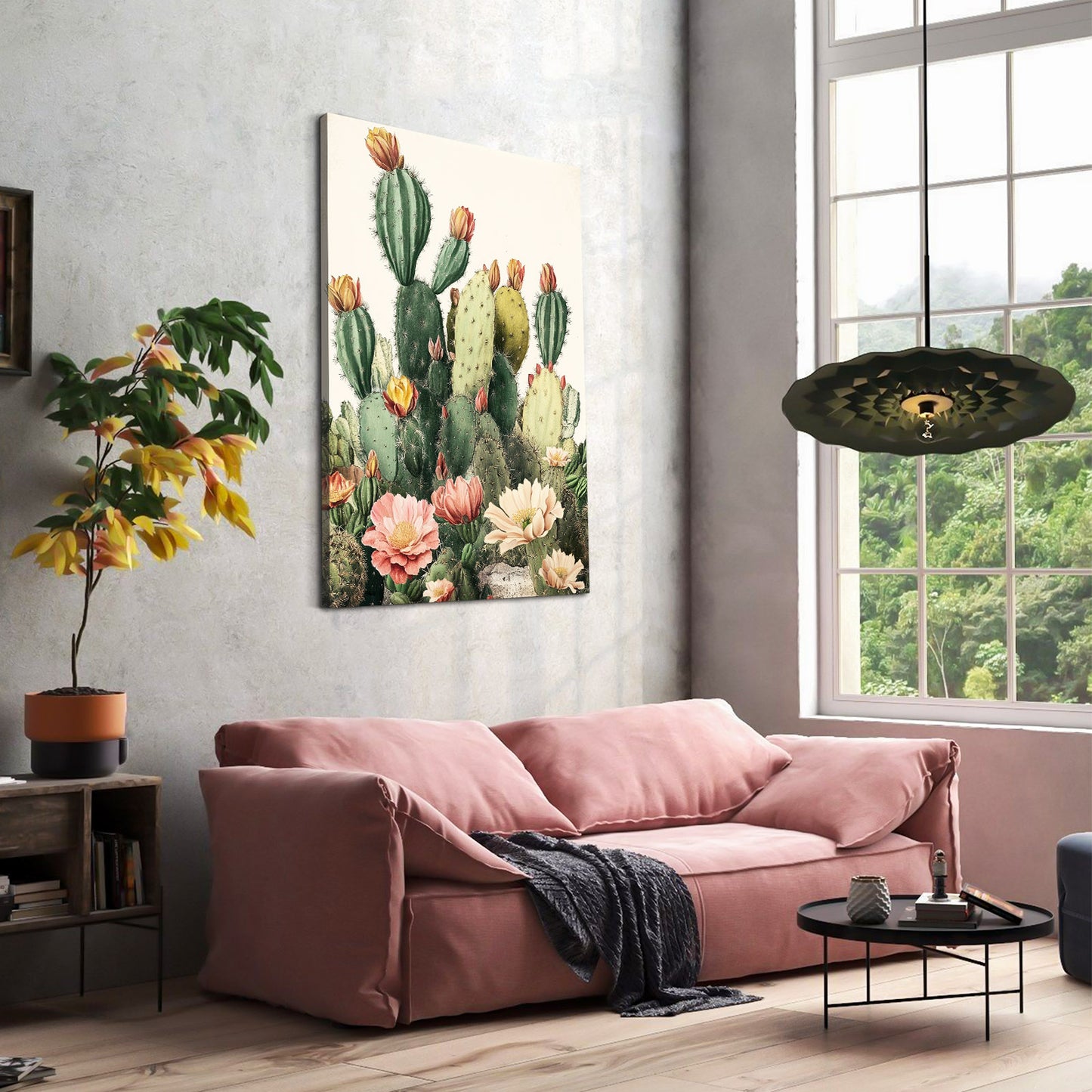 Blossom Prickly Pear Cactus Canvas – styled in a furnished interior