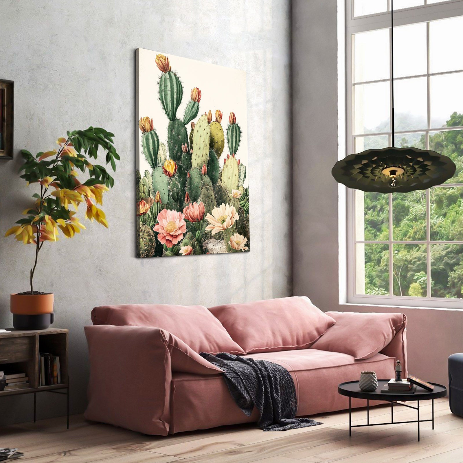Blossom Prickly Pear Cactus Canvas – styled in a furnished interior