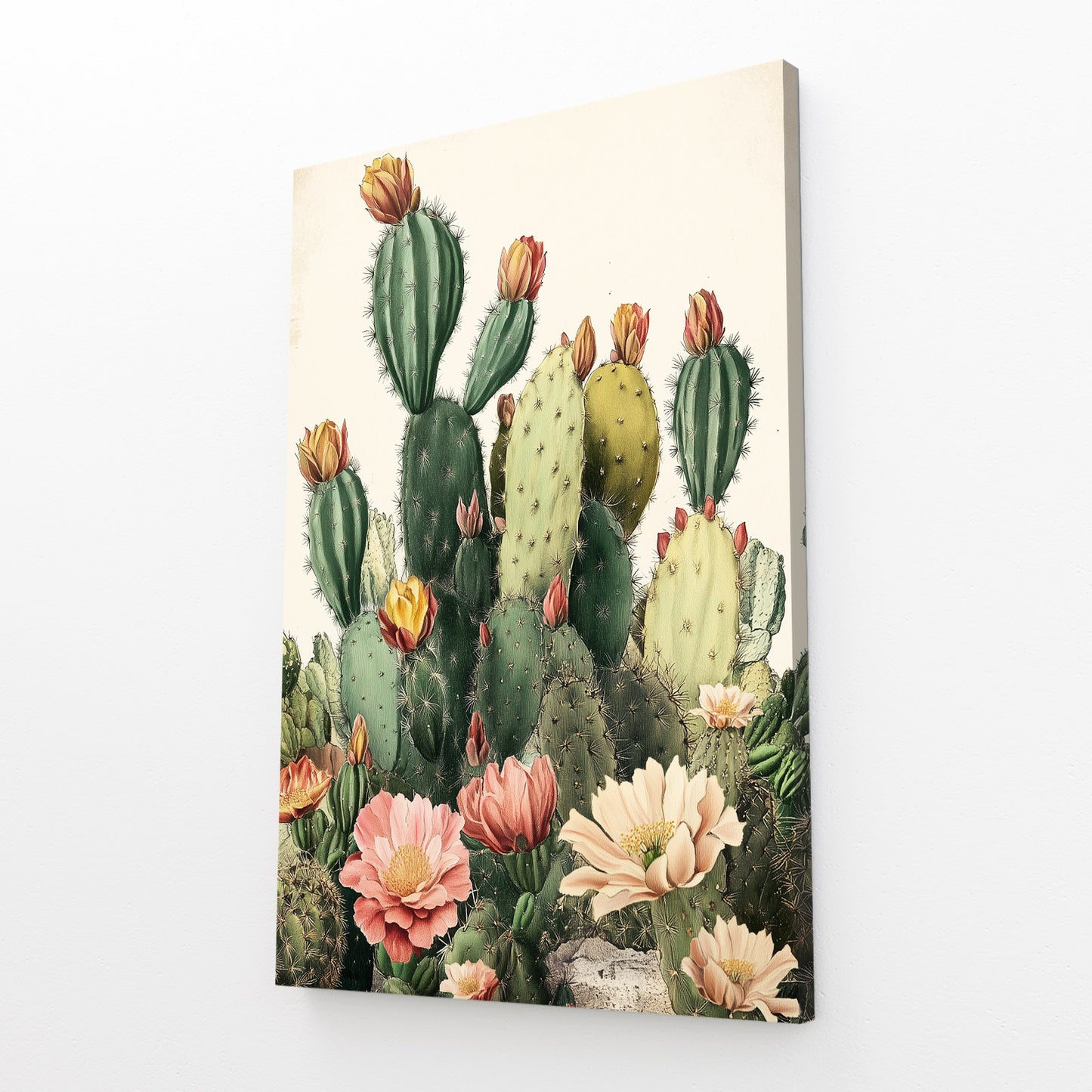 Blossom Prickly Pear Cactus Canvas – angled canvas view on white background