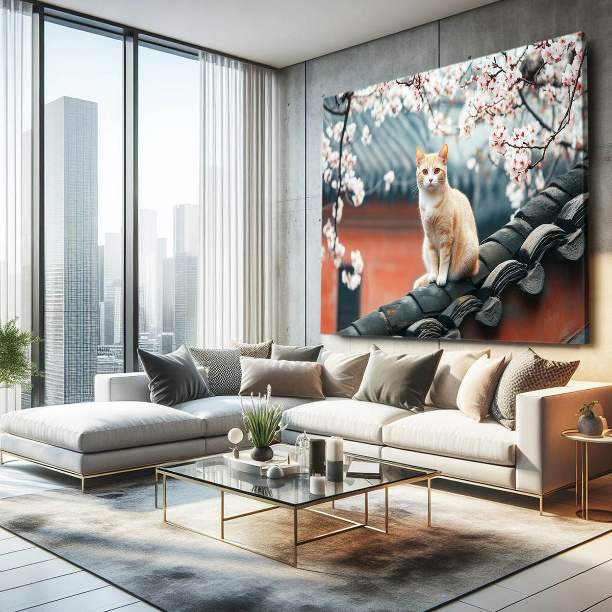 Blossom Rooftop Perch Cat Prints — contemporary canvas print, styled in a furnished interior