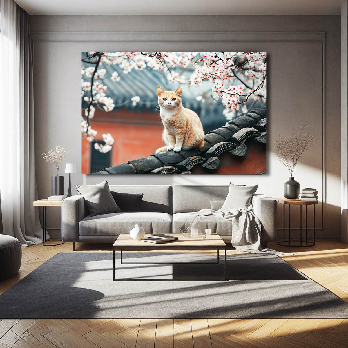 Blossom Rooftop Perch Cat Prints — contemporary canvas print, styled in a furnished interior