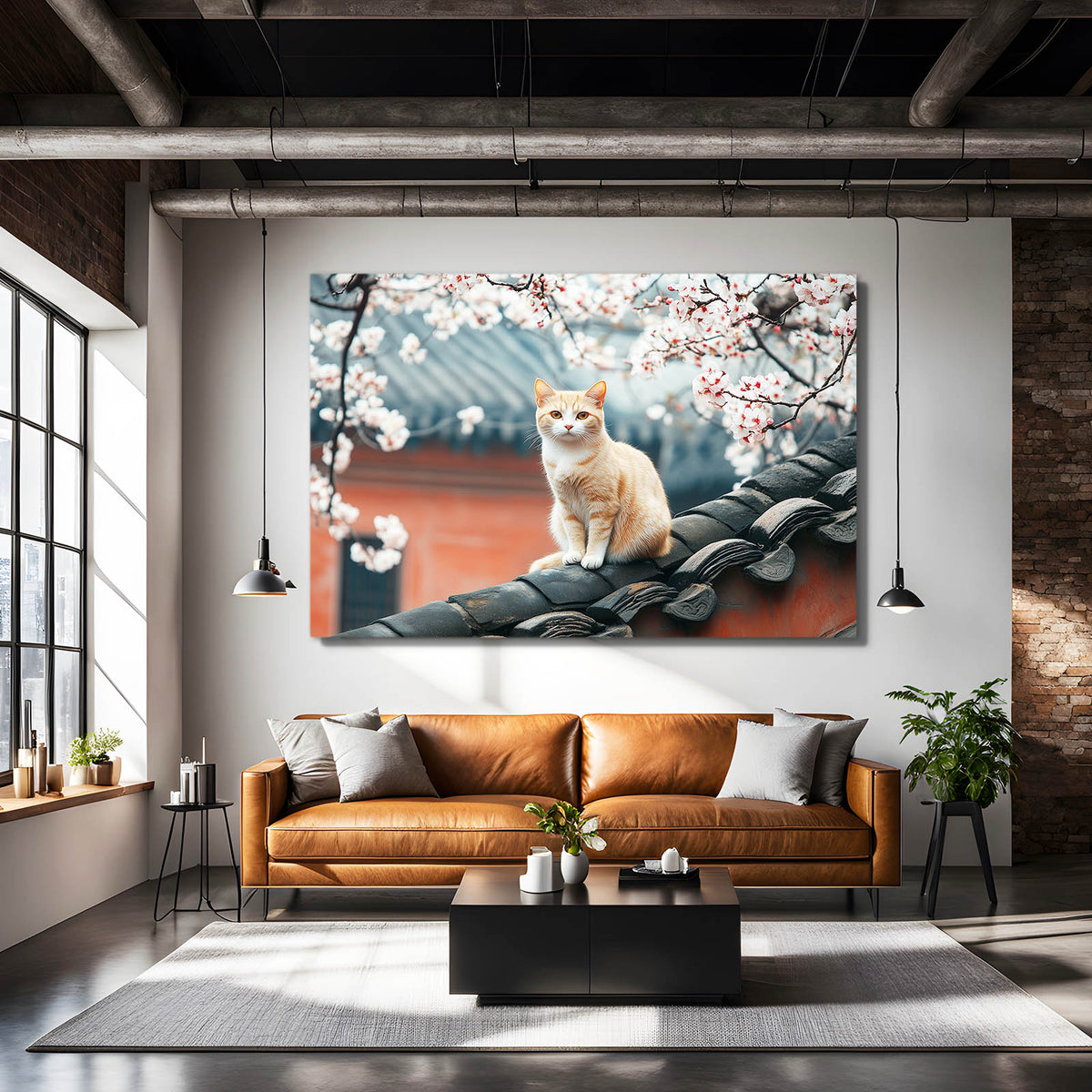 Blossom Rooftop Perch Cat Prints — contemporary canvas print, styled in a furnished interior