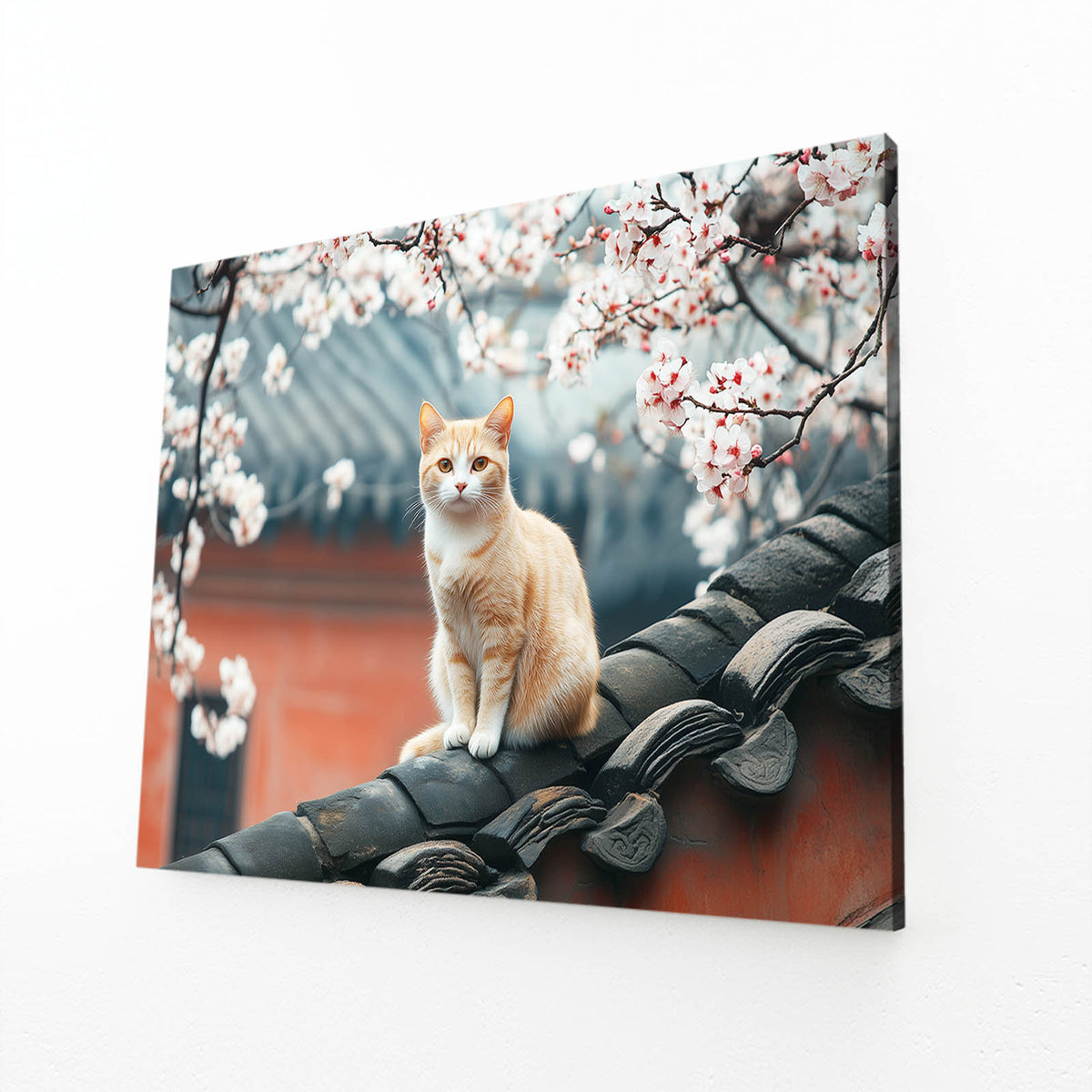 Blossom Rooftop Perch Cat Prints — contemporary canvas print, angled canvas view on white background