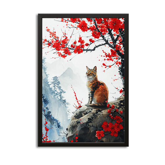 Blossom Serenity Cat Wall Art — japanese art canvas print in white tones, with Premium Black frame on white background