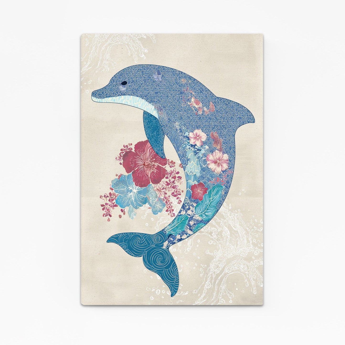 Blossom Silhouette Dolphin Art – dolphin silhouette filled with pink blossoms on a textured cream background