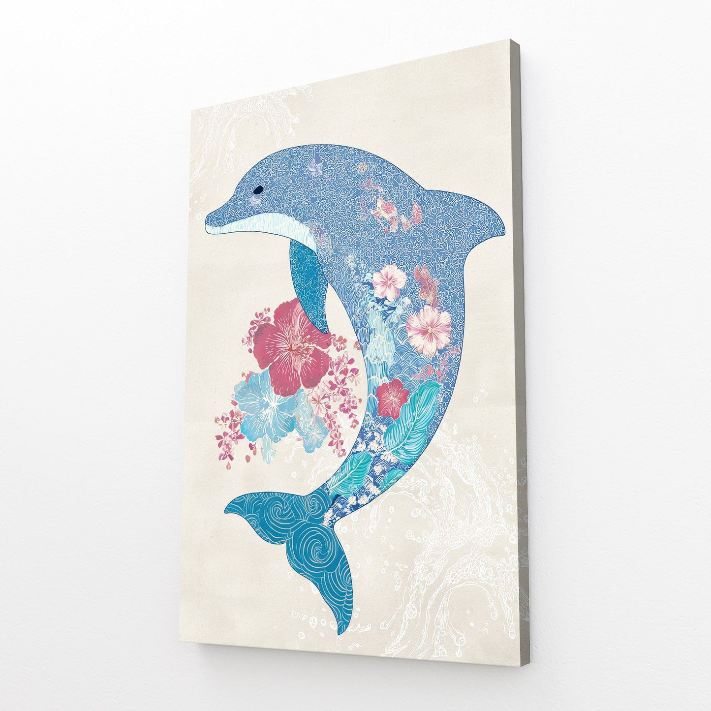 Blossom Silhouette Dolphin Art – angled canvas view on white background