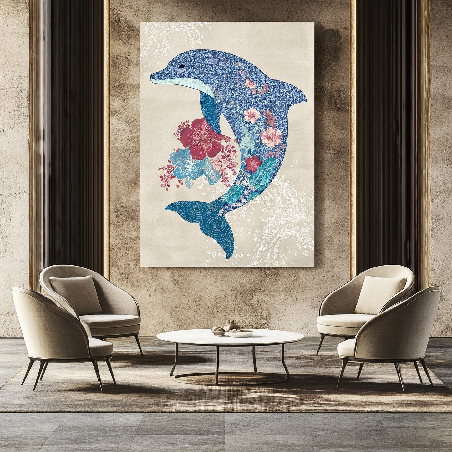 Blossom Silhouette Dolphin Art – styled in a furnished interior