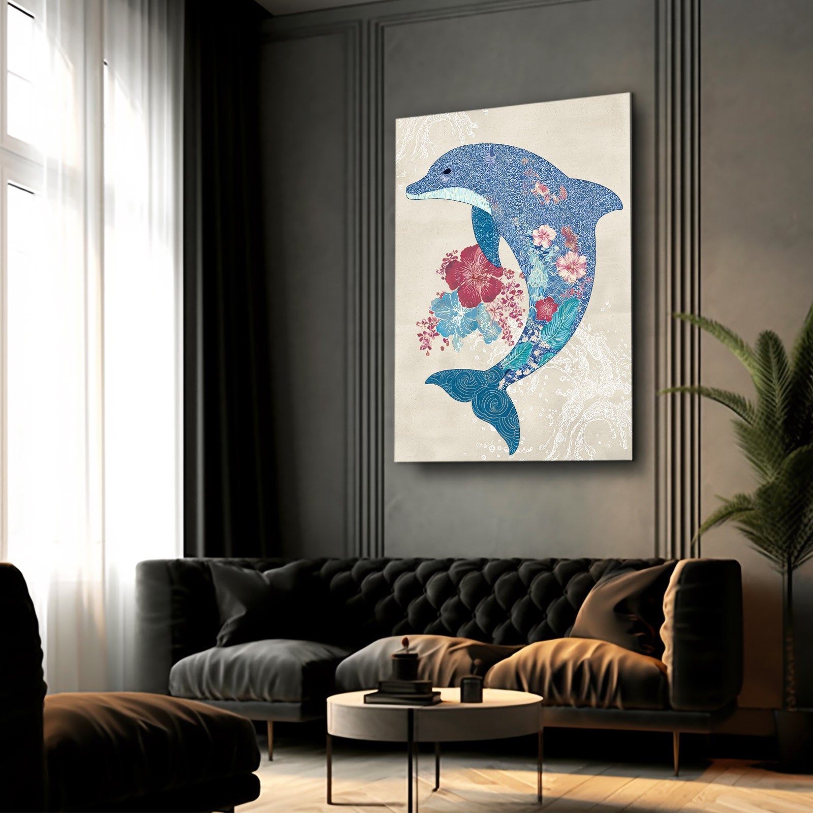 Blossom Silhouette Dolphin Art – styled in a furnished interior