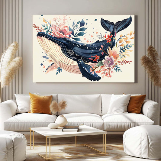 Blossom Tide Whale Art — contemporary canvas print in blue tones, view 3