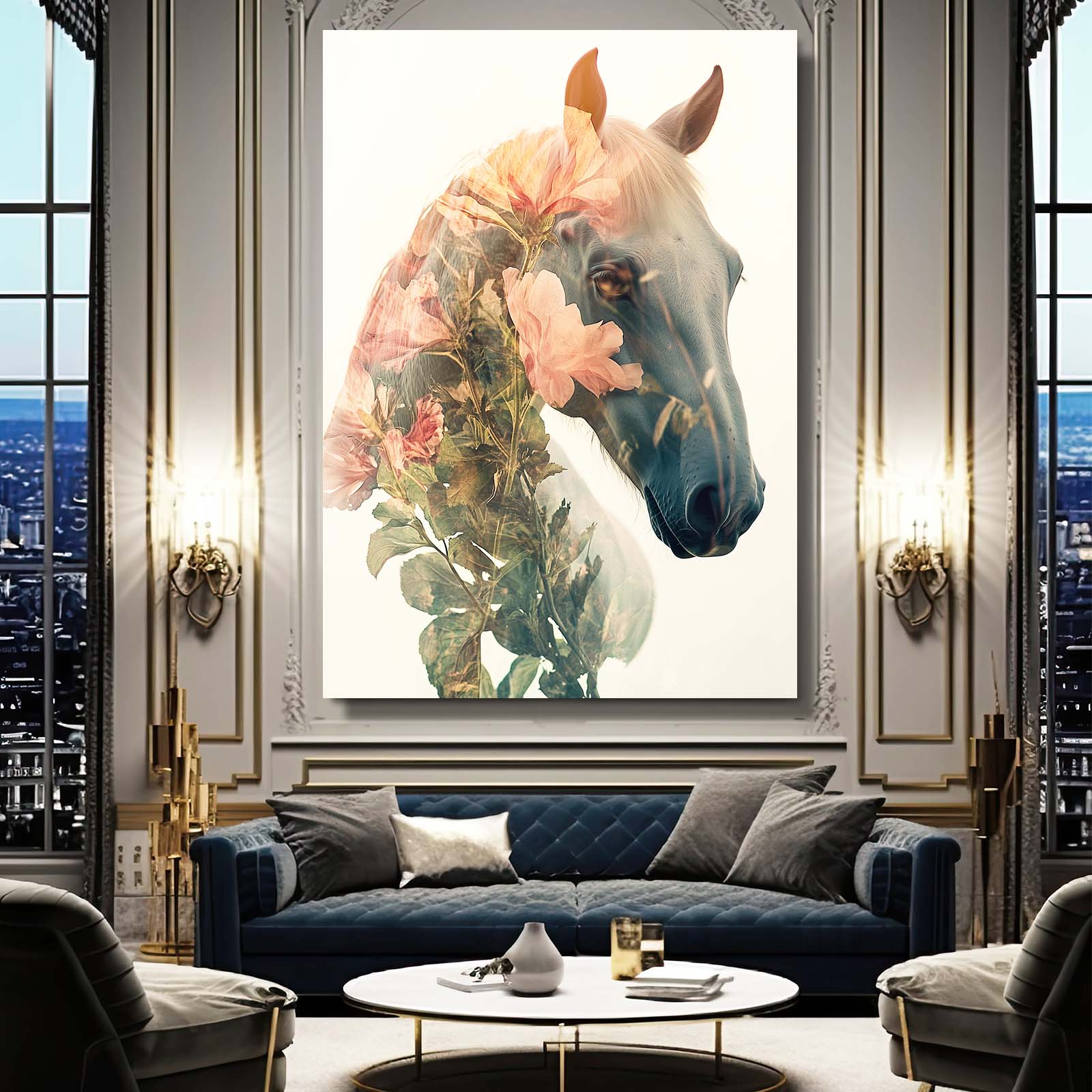 Blossom Veil Profile Horse Canvas — contemporary canvas print, styled in a furnished interior