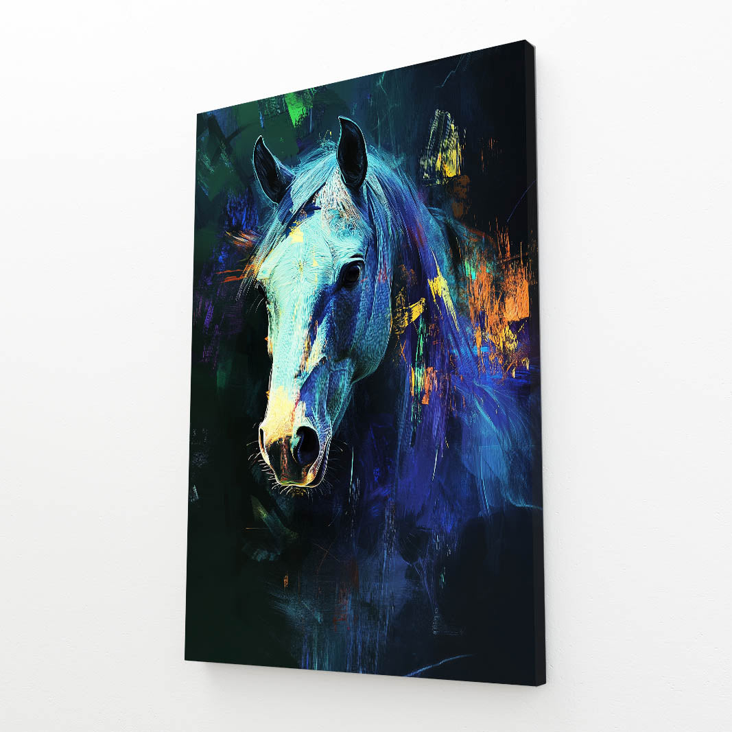Blue Abstract Horse Prints – angled canvas view on white background
