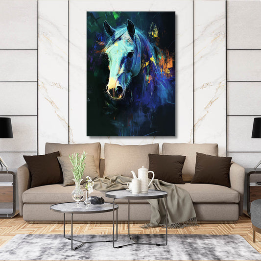 Blue Abstract Horse Prints – angled canvas view on white background