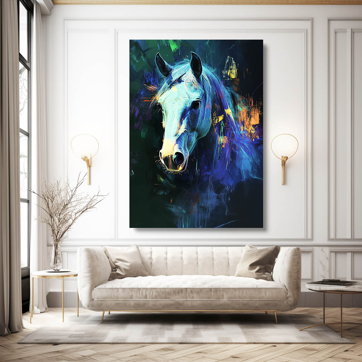Blue Abstract Horse Prints – angled canvas view on white background