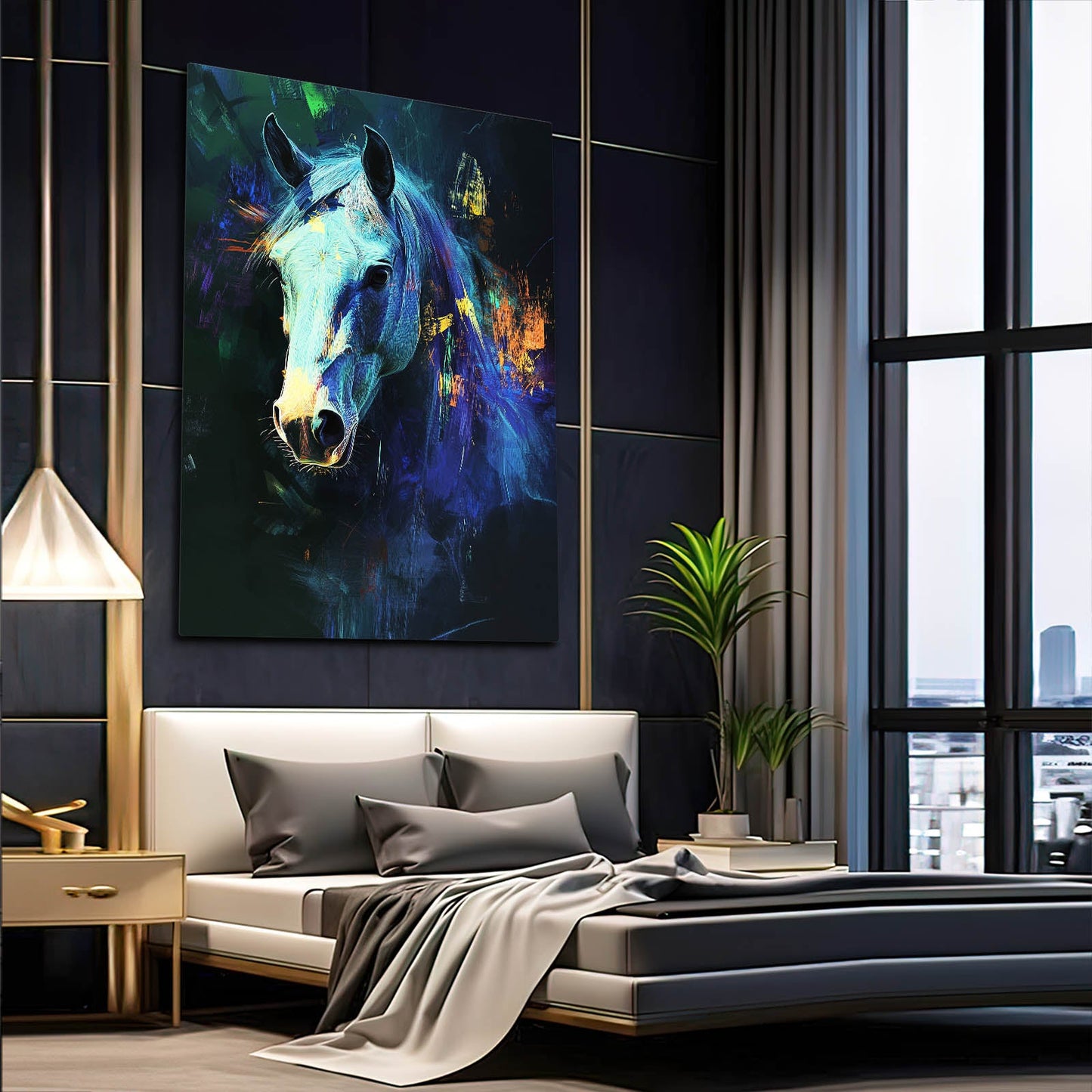 Blue Abstract Horse Prints – angled canvas view on white background