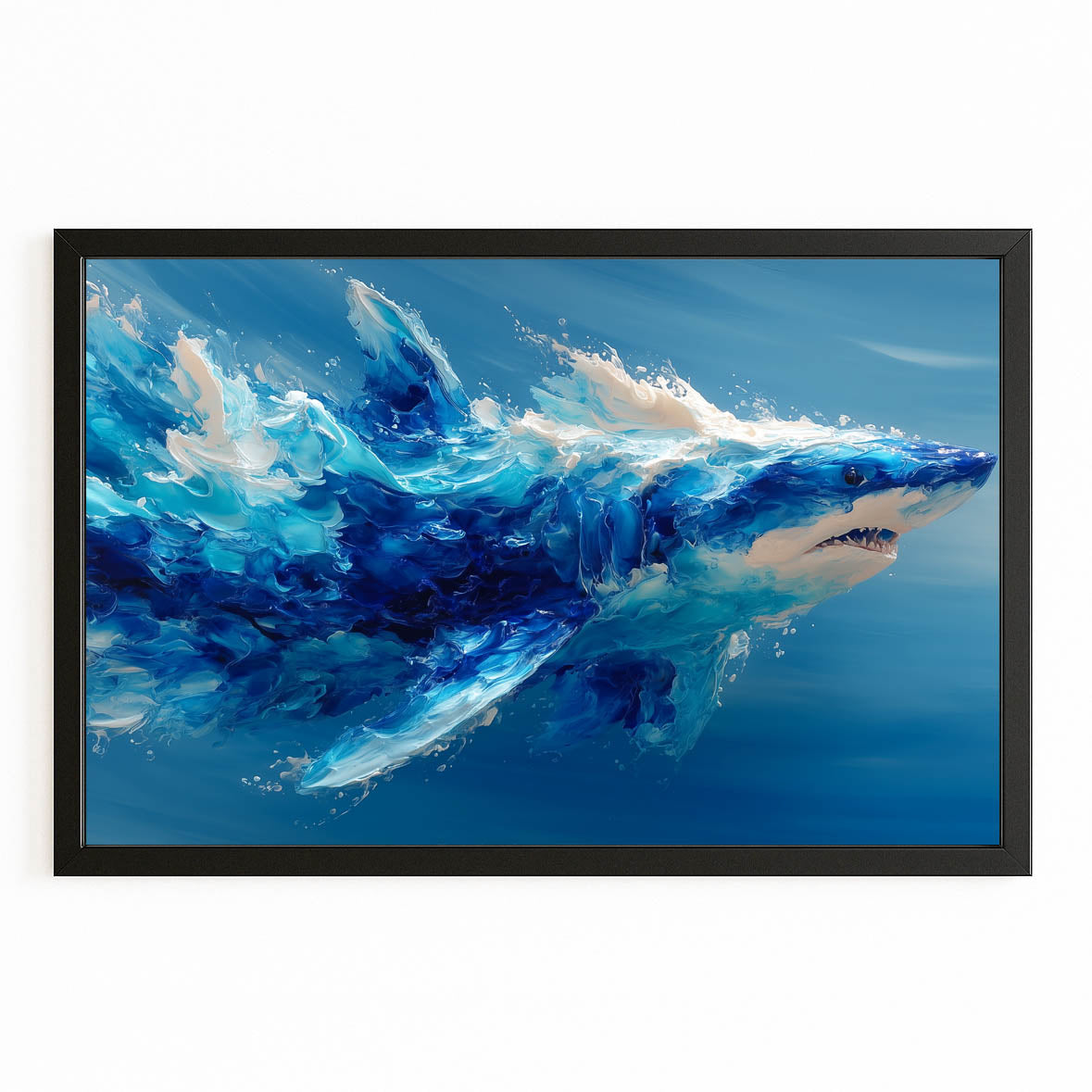 Blue Abstract Shark Wall Art – with Premium Black frame on white background