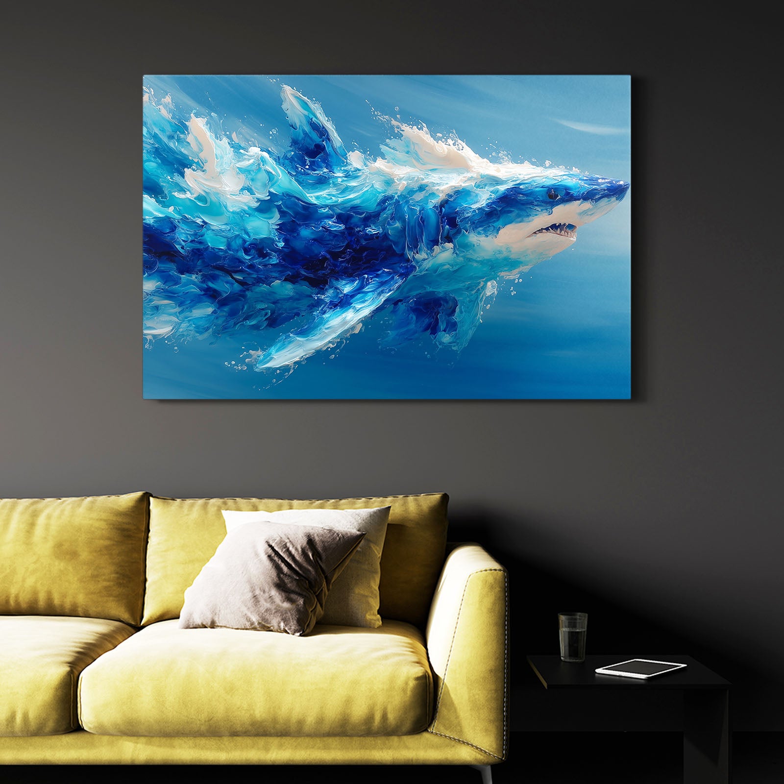 Blue Abstract Shark Wall Art – styled in a furnished interior