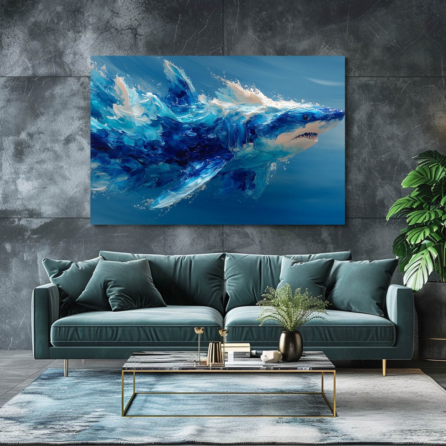 Blue Abstract Shark Wall Art – styled in a furnished interior
