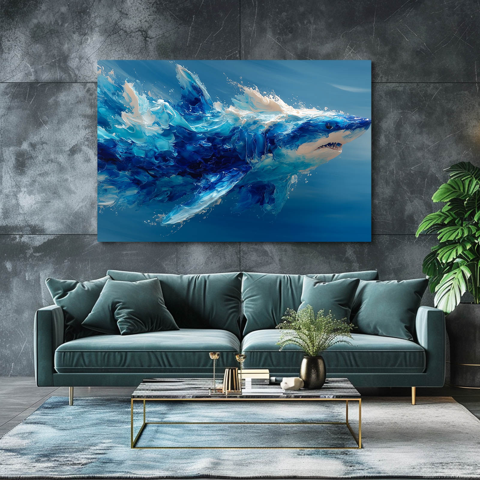 Blue Abstract Shark Wall Art – styled in a furnished interior