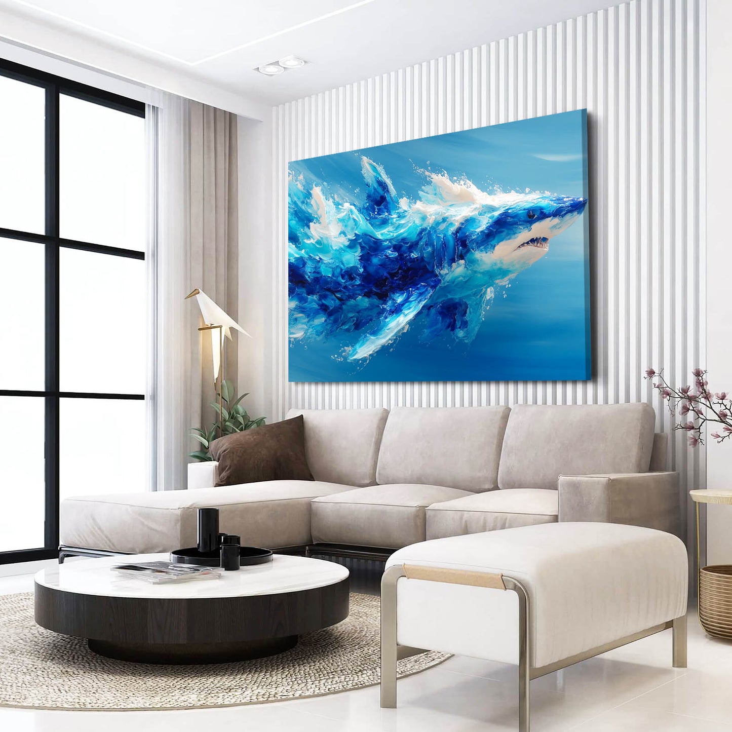 Blue Abstract Shark Wall Art – styled in a furnished interior