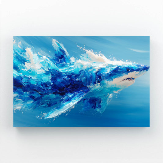 Blue Abstract Shark Wall Art – angled canvas view on white background