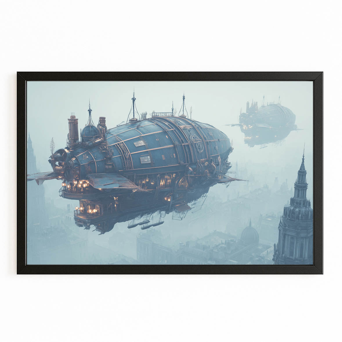 Blue Airship Harbor Steampunk Prints – with Premium Black frame on white background