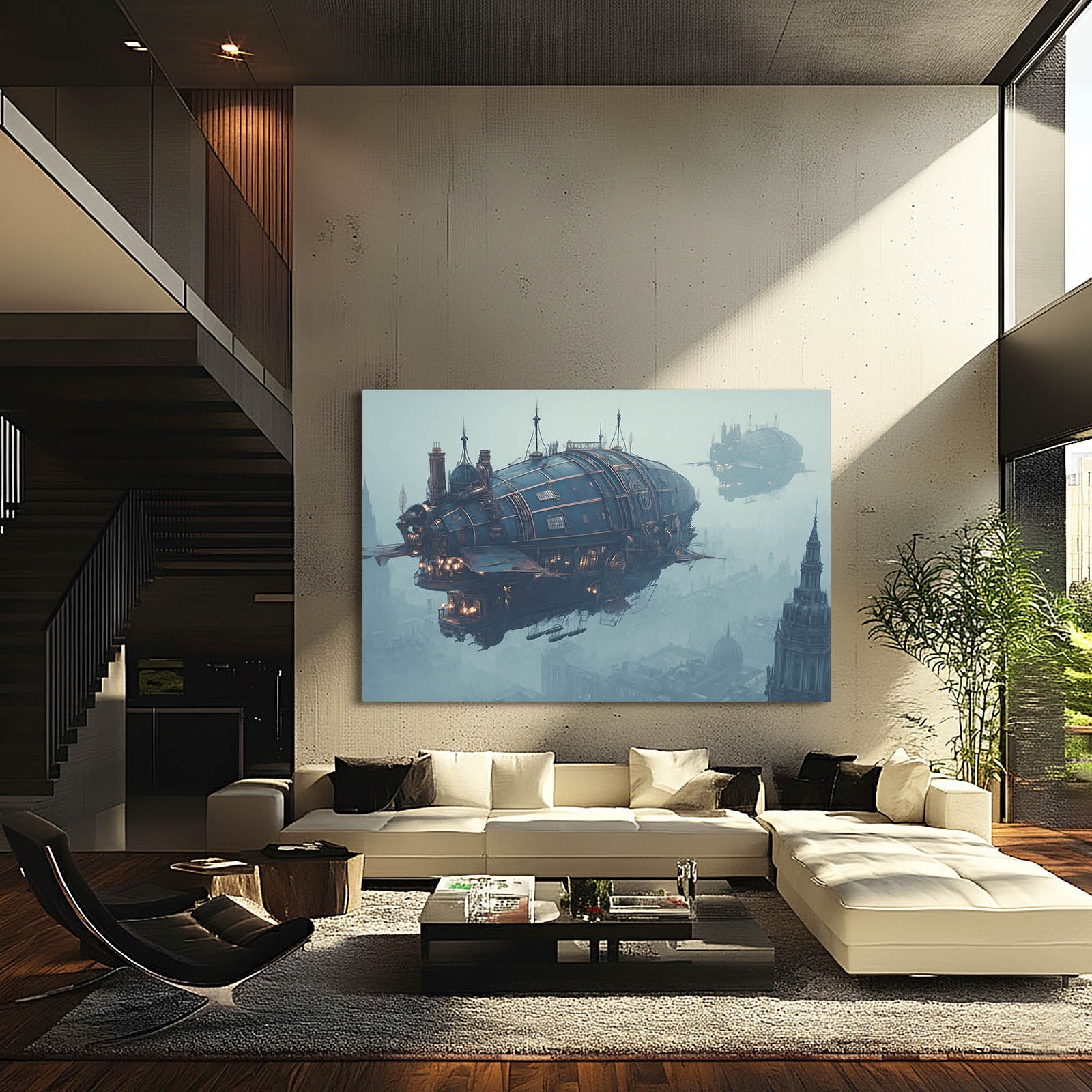 Blue Airship Harbor Steampunk Prints – styled in a furnished interior